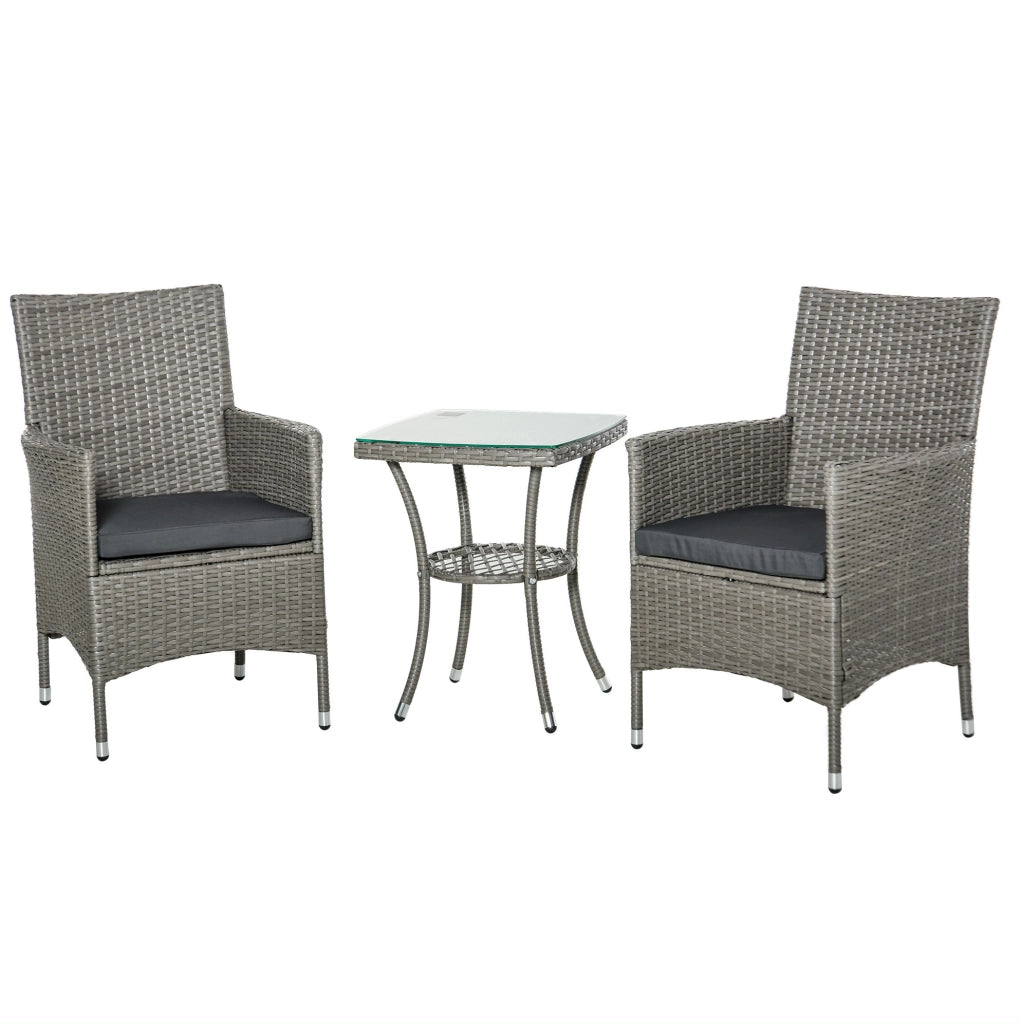 Set patio per 2 persone in rattan sintetico con tavolino; cuscini sfoderabili; grigio chiaro