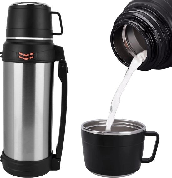 Fles termos 2 litri - Inox - Isolato a vuoto - Imprigionato - Con tazza - Maniglia telescopica per viaggi - Fiaschetta per viaggi