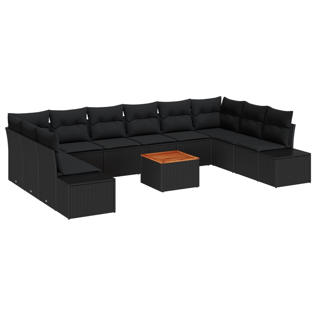 Set Divano da Giardino in 11 Pezzi con Cuscini Nero Polyrattan Acacia