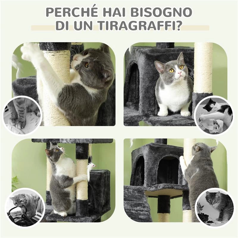 ALBERO TIRAGRAFFI PER GATTI CON 3 POSATOI, 2 CASETTE E GIOCHI APPESI, IN LEGNO E PELUCHE, 49X49X173 CM, GRIGIO