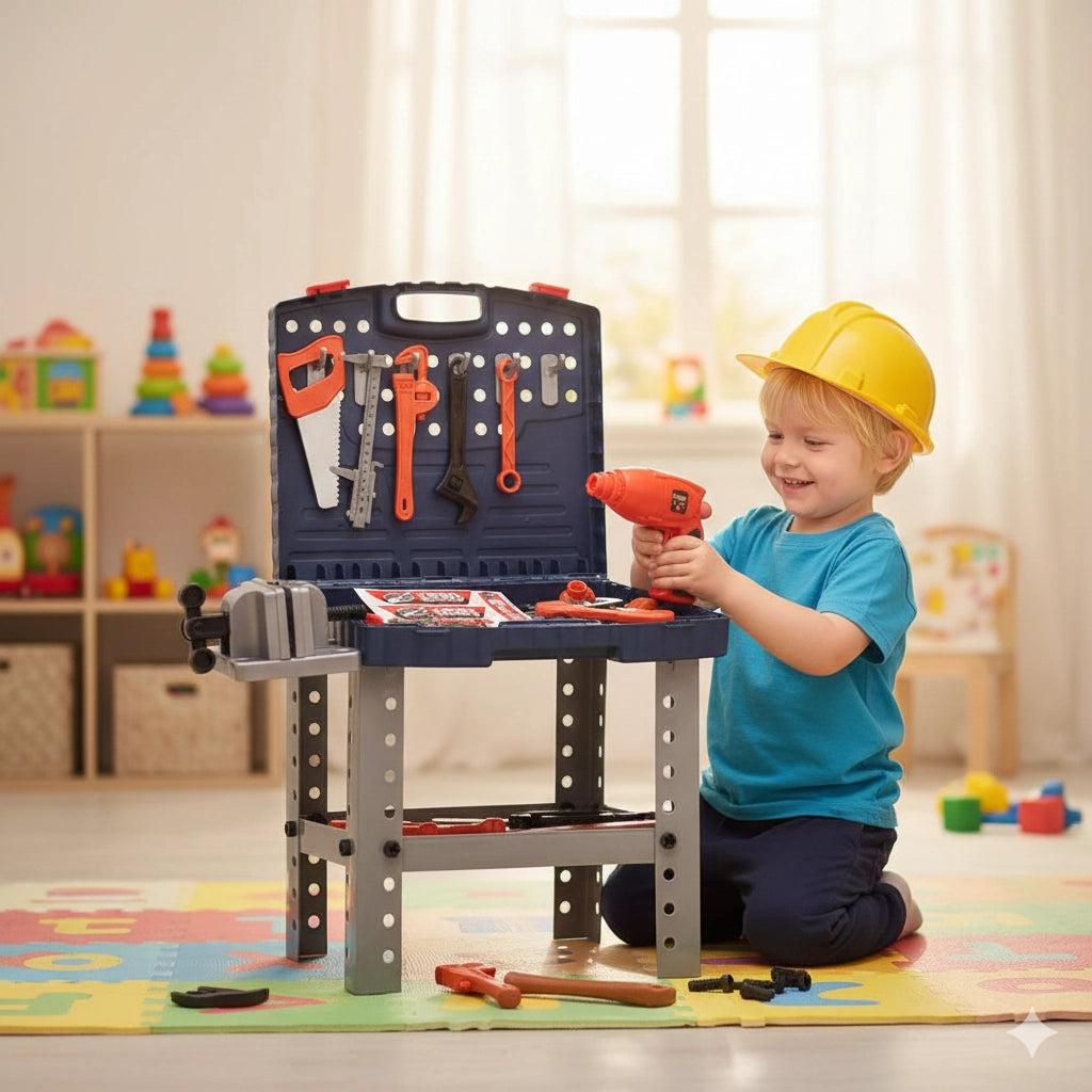 Banco Da Lavoro Per Bambini 69 Pz Valigetta Richiudibile Con Trapano Giocattolo