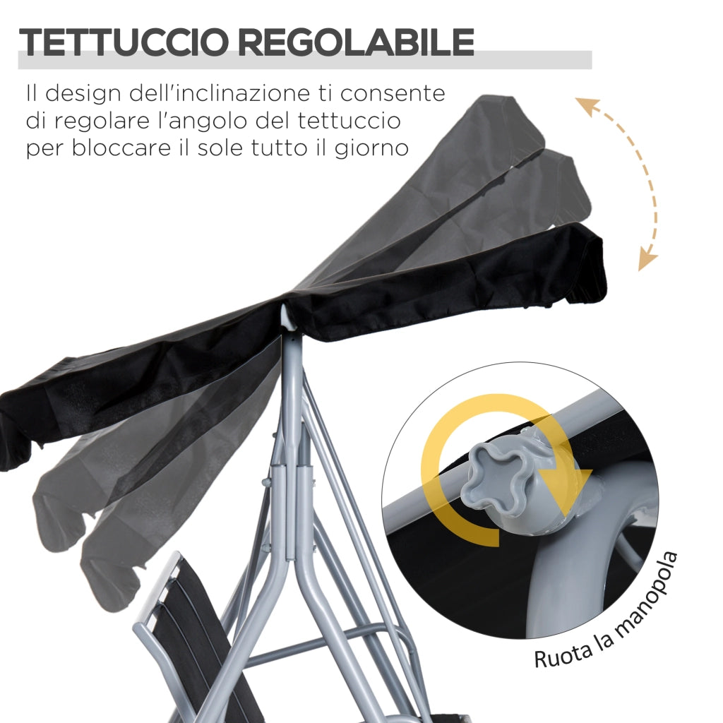 Dondolo da Giardino 3 Posti con Tettuccio Parasole Regolabile Rimovibile, Dondolo da Esterno con Seduta Traspirante in Poliestere, Portata 240 kg, 171x108x154 cm, Nero