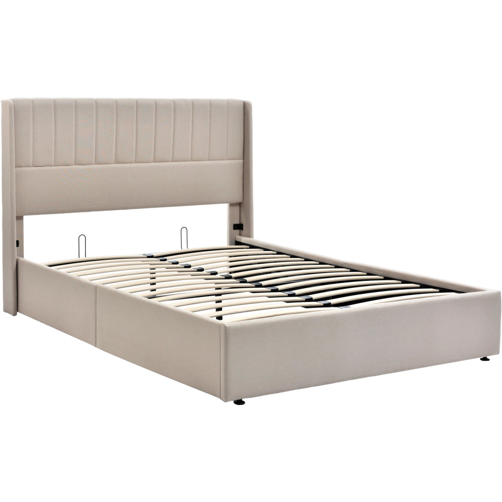 Letto contenitore imbottito idraulico matrimoniale 160x200 cm, struttura in legno massiccio e metallo, rivestimento in lino, Beige