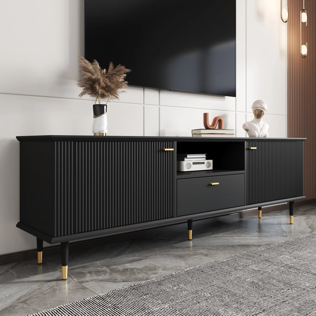 Mobile porta TV con 2 ante, 1 vano aperto e 1 cassetto, passacavi, chiusura ammortizzata, in MDF nero, 170 × 36 × 54 cm