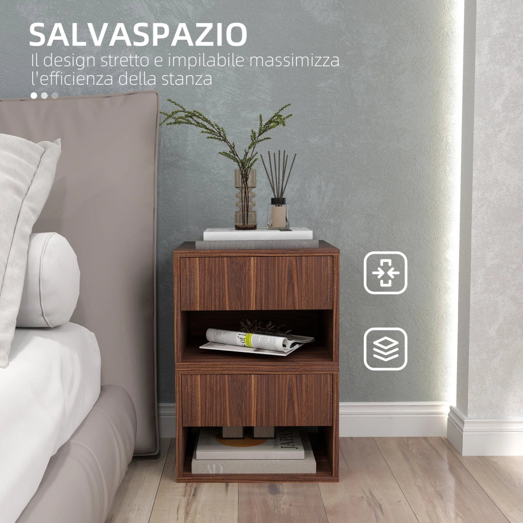 Set 2 Comodini con Cassetto e Ripiano a Giorno 40x34x29 cm in Legno Marrone