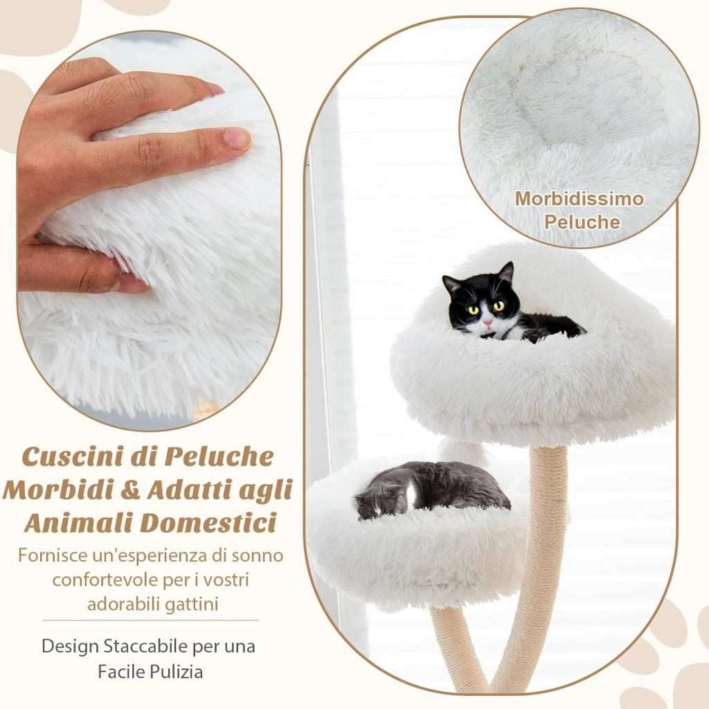 Albero per Gatti Alto 178 cm, Albero Tiragraffi per Gatti con Telaio di Supporto Curvo in Metallo, 3 Cucce Calde e Palline, Pali e Tavoletta Tiragraffi in Sisal, 59 x 59 x 178 cm (Beige)