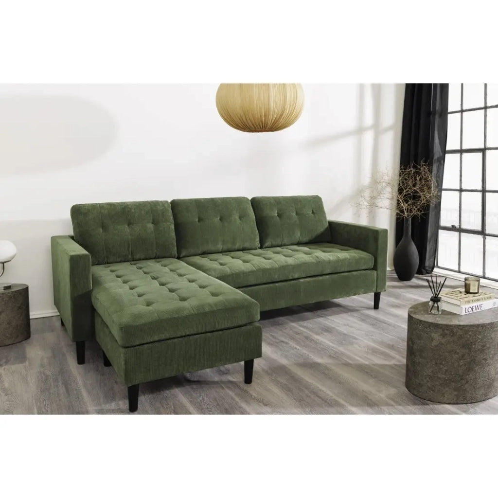 Divano ad angolo CITY verde scuro reversibile – Divano contemporaneo in velluto a coste