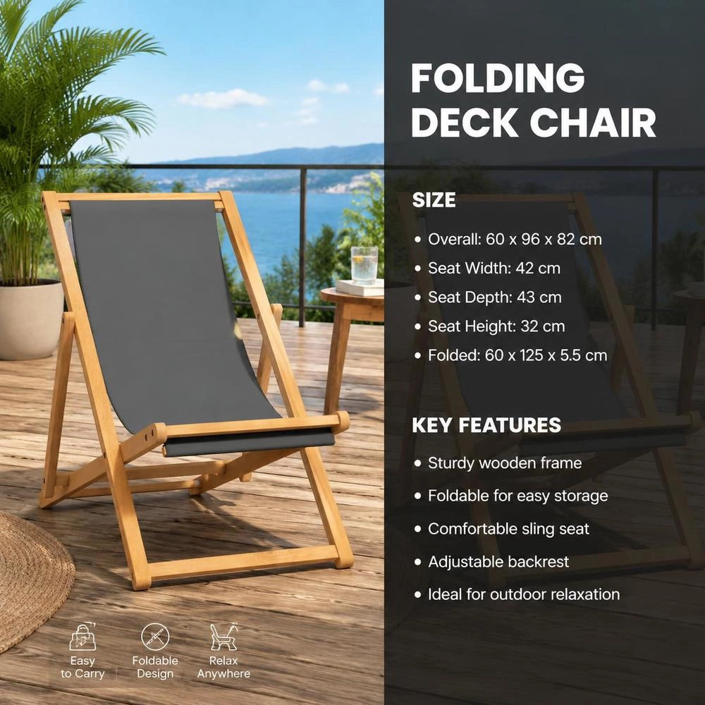 Folding Beach Chair, Solid Teak Wood, Grey