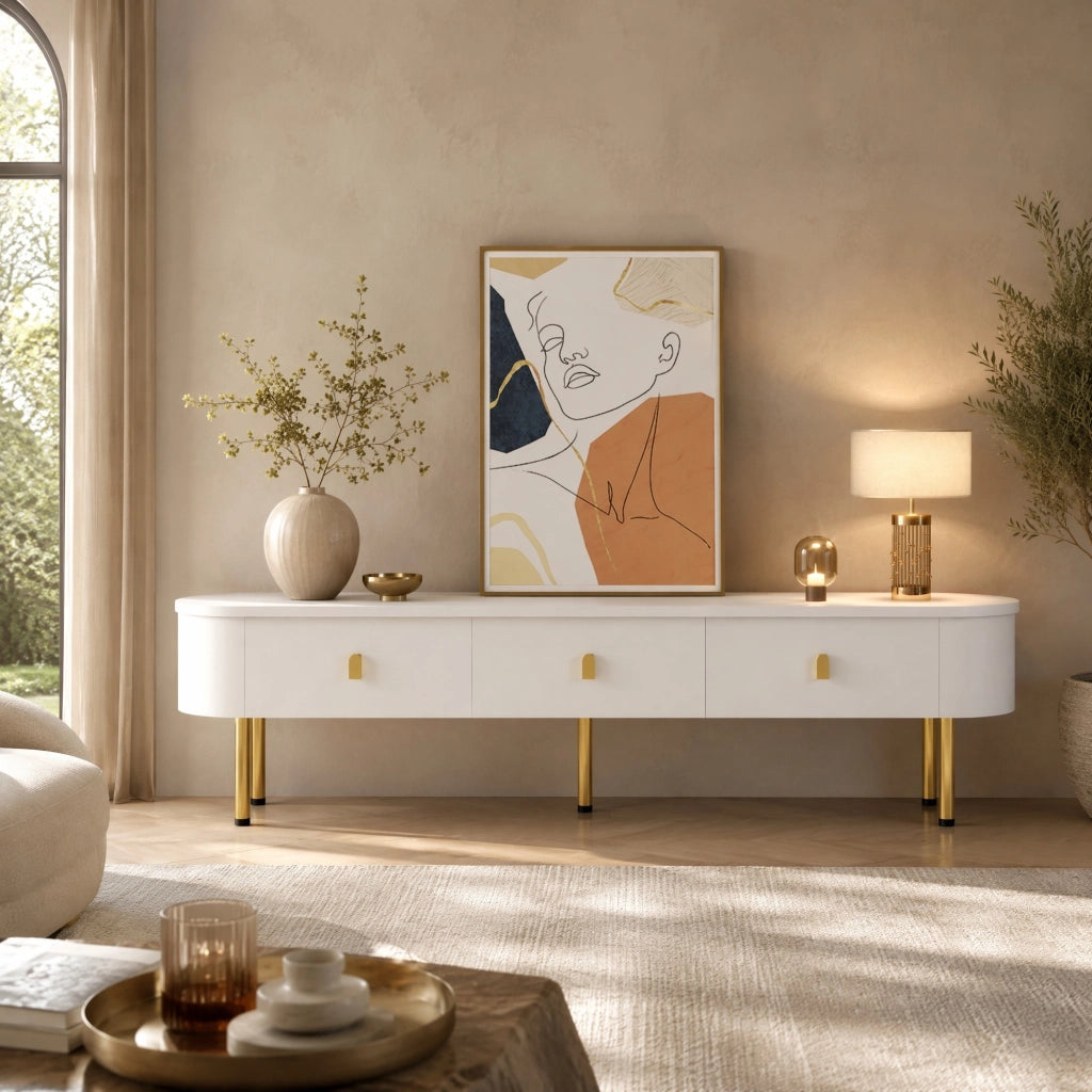 Mobile porta TV con 3 cassetti e maniglie dorate in MDF bianco lucido con angoli arrotondati 174 × 35 × 41 cm