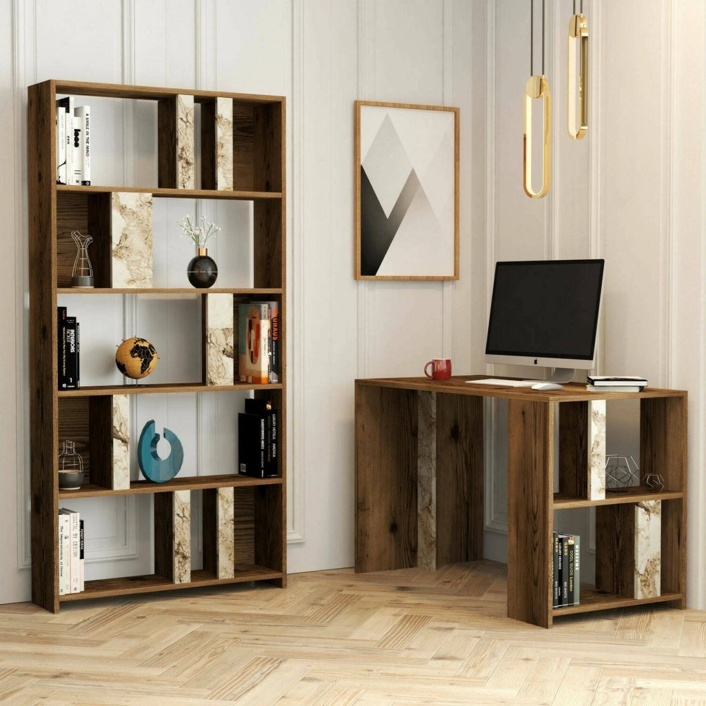Scrivania Atene, Scrittoio multiuso, Tavolo per ufficio porta PC con libreria, 120x60h75 cm, Noce e Bianco Marmo