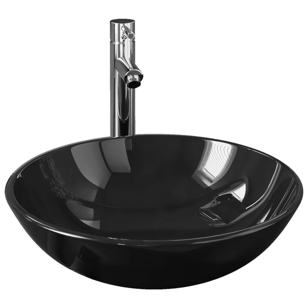 Lavandino-Lavabo-Lavello Bagno con Rubinetto e Piletta in Vetro Temperato Nero 403305