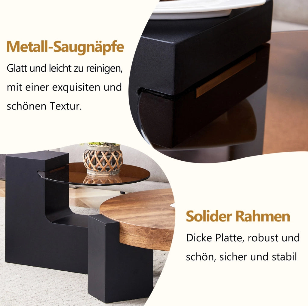 Tavolino da caffè rotondo a due livelli in MDF e vetro; nero e effetto legno; set 61 cm e 44 cm