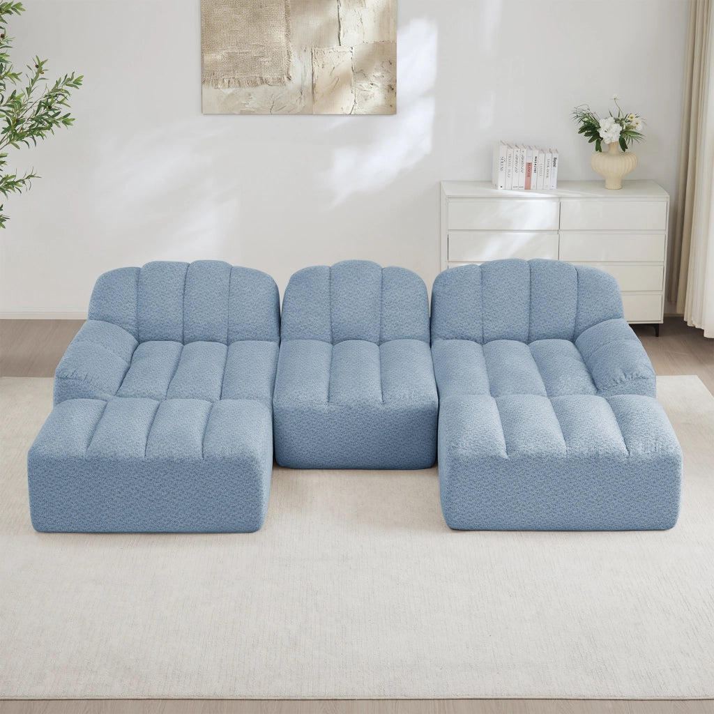 Divano a U modulare senza struttura con schiuma 32D ad alta densità e ottomani in fleece granulato blu 288 × 165 × 79 cm