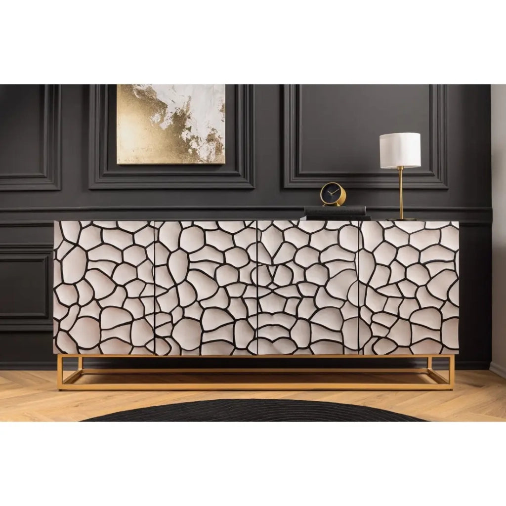 Buffet TERRAKAN 180 cm – Legno massiccio nero e bianco scolpito con piedi dorati
