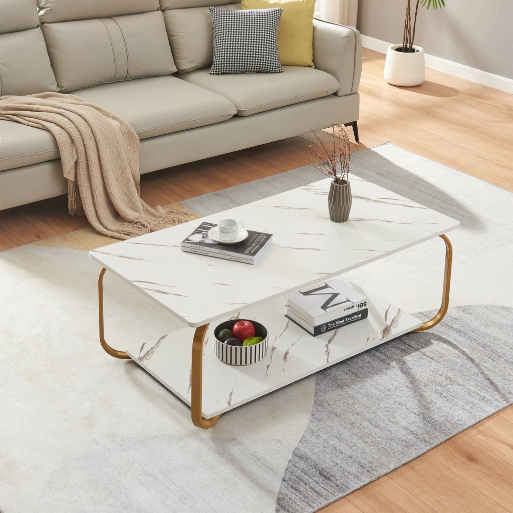 Tavolino Centrale da Salotto Kolta con Ripiano 120x60x43 cm - Effetto Marmo Bianco/Dorato [en.casa]