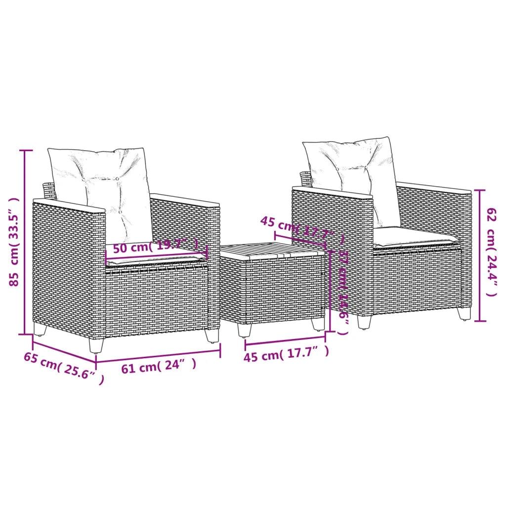 Set da Bistr¨° 3 pz | Set Salotto da Giardino con Cuscini Grigio Polyrattan e Legno Acacia
