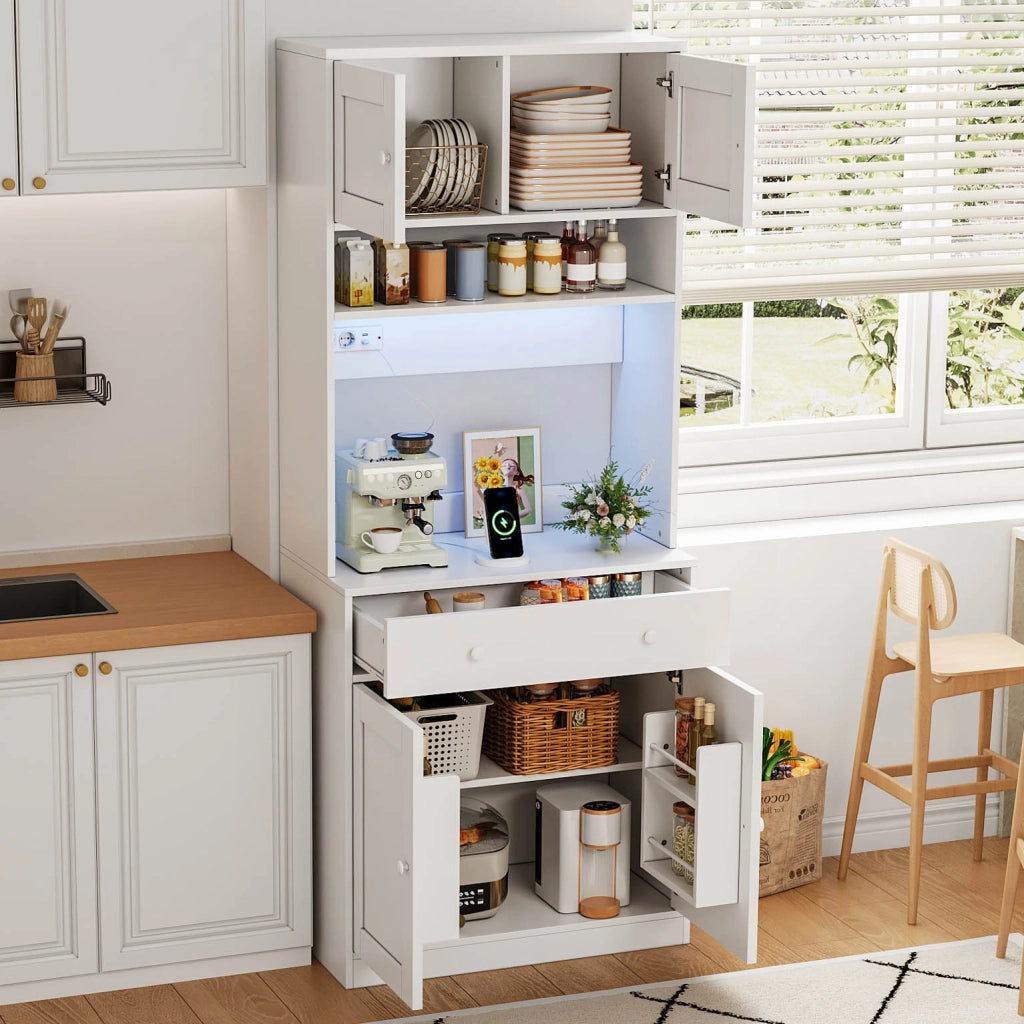 Credenza da cucina alta 180 cm con LED, prese e ampio spazio contenitivo, bianco