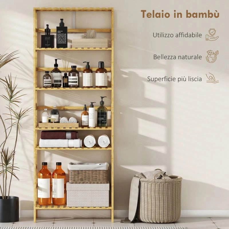 SCAFFALE IN LEGNO DI BAMBÙ A 6 LIVELLI CON RIPIANI REGOLABILI, 60X26X161 CM, LEGNO NATURALE