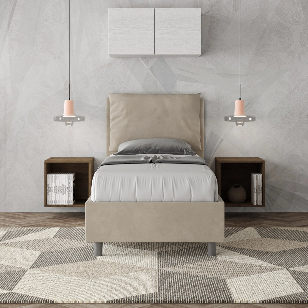 BS COM Letto singolo contenitore imbottito 80x200 microfibra sabbia