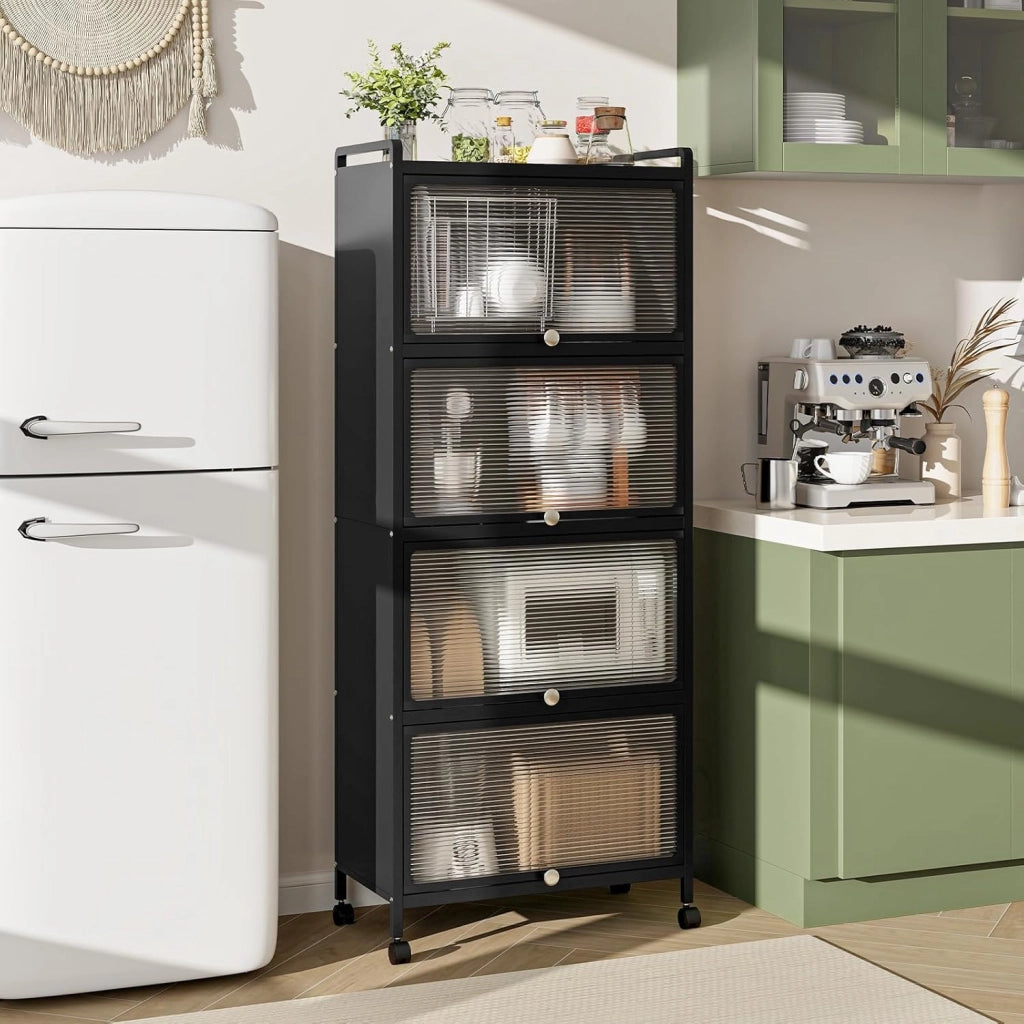 Credenza Cucina a 5 Livelli, Scaffale da Cucina in Piedi su Ruote, Mobile Cucina Dispensa con Ante in PC, con Protezione Antiribaltamento, 60 x 32 x 154 cm, 3 Colori (Nero)