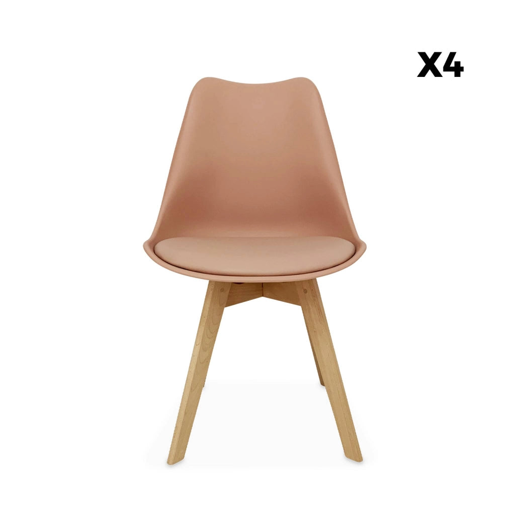 Set 4 sedie scandinave imbottite con gambe in legno , rosa antico
