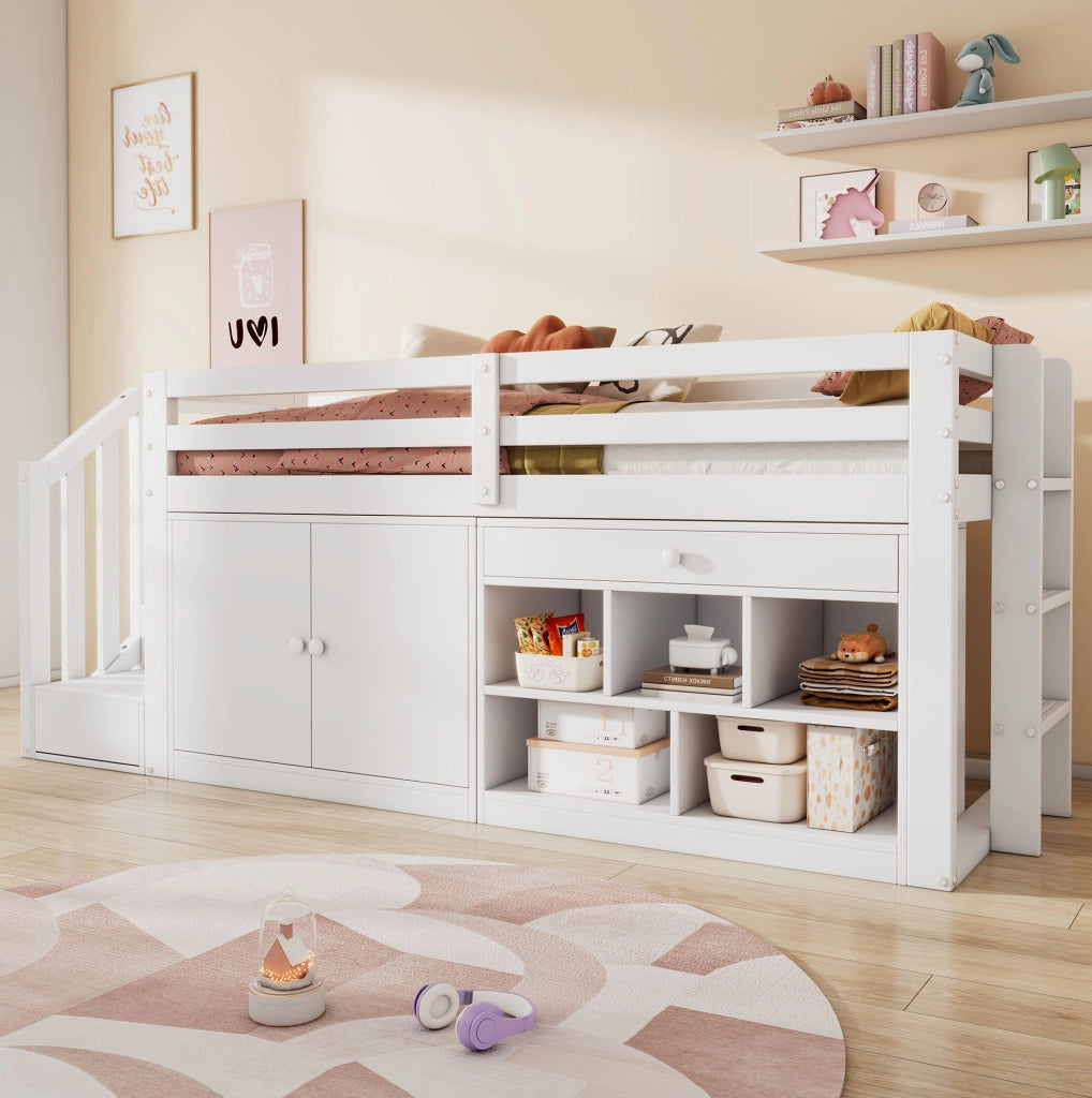 Letto multifunzione per bambini 90x200 cm bianco con contenitore e scrivania