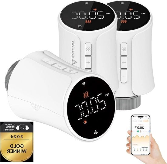 Set di 3 Termostati Radiatori Wi-Fi Smart TRV706W - Compatibile con Amazon Alexa e Google Home - Programmabili - Termostato di Riscaldamento Tuya - Radiatore Inteligente - Incluso 9 Batterie