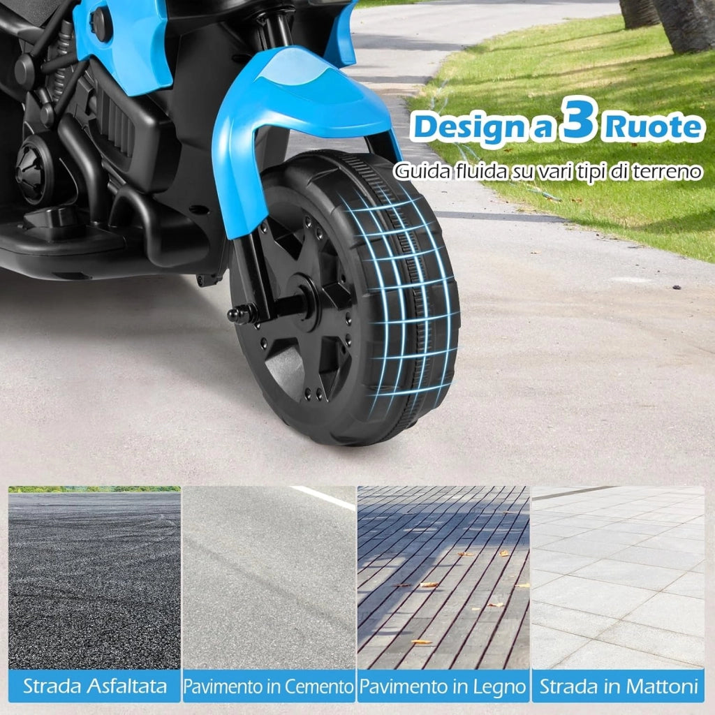 6V Moto Elettrica per Bambini, Moto a 3 Ruote con Fari LED, Pedale a Piedi, Veicolo Elettrico a Batteria per Bambini 37-72 Mesi (Blu)