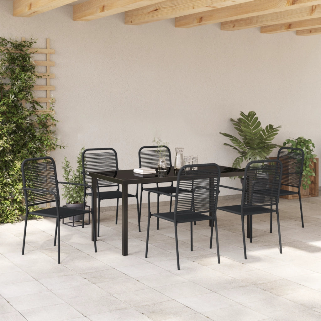 Set da pranzo da giardino 7 pezzi Nero Corda di cotone e acciaio
