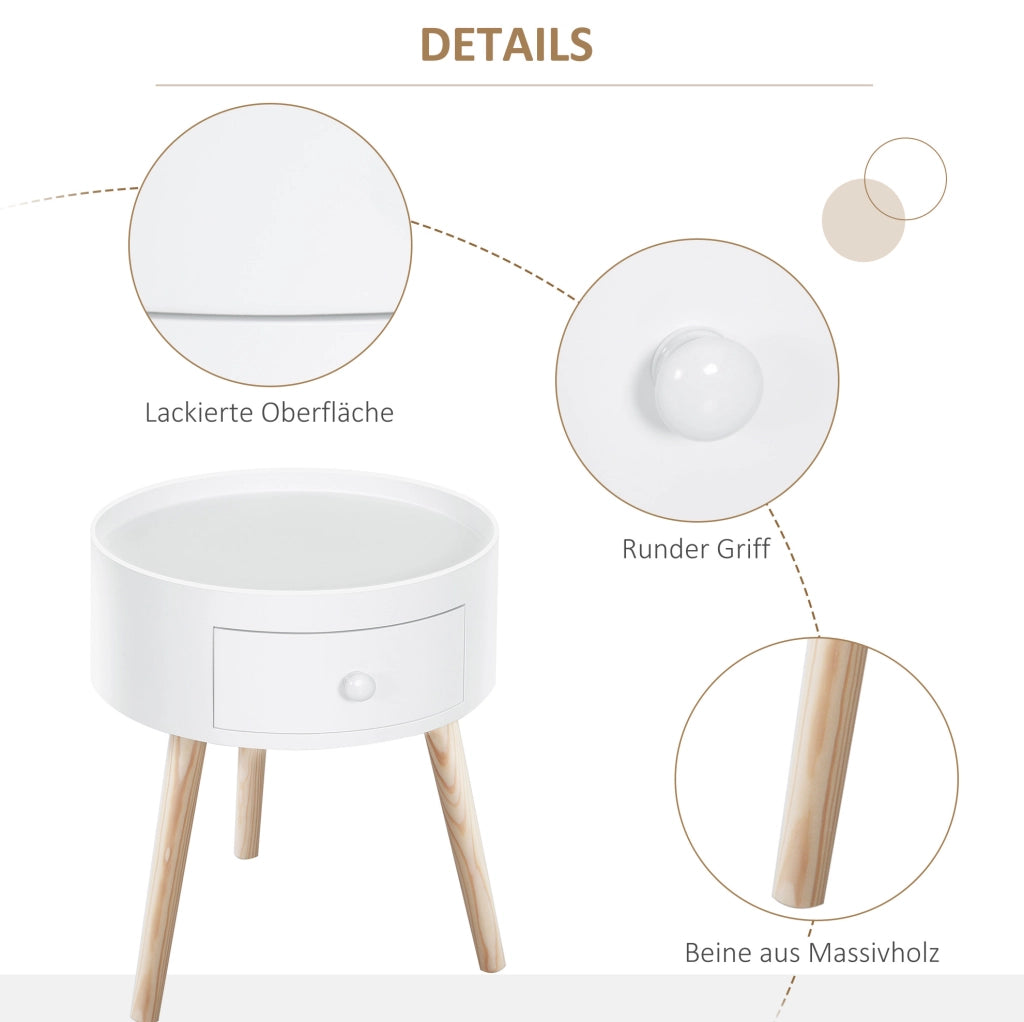 Tavolino rotondo con cassetto in legno bianco