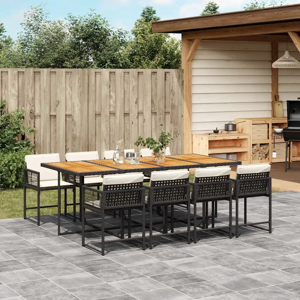 Set da Pranzo da Giardino 9 pz con Cuscini Nero in Polyrattan