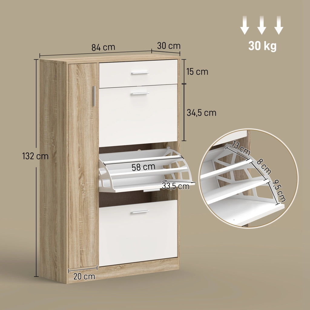 Scarpiera con Cassetto e Ante ¨C Xylo ¨C Legno Naturale 84x30x132 cm per 18-27 Paia di Scarpe