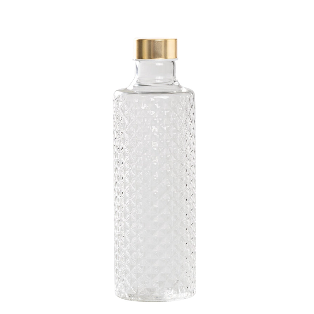 Isolano Bottiglia in Vetro Borosilicato Soffiato con Decorazione a Effetto Diamantato e Tappi Intercambiabili Oro e Argento Trasparente Artigianale