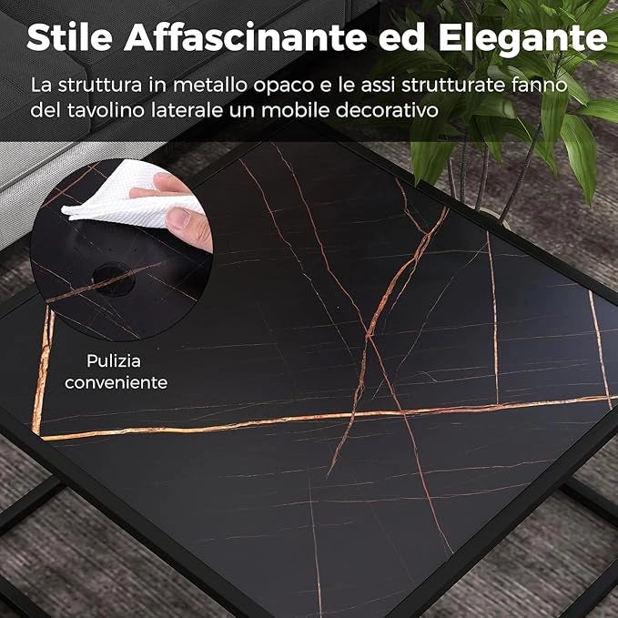 Tavolino da Salotto in Legno, Tavolino Basso con Piano in Finto Marmo e Struttura in Acciaio, Tavolino Basso per Soggiorno e Ufficio, Portata Massima 45 kg, 70 x 70 x 40 cm (Nero)