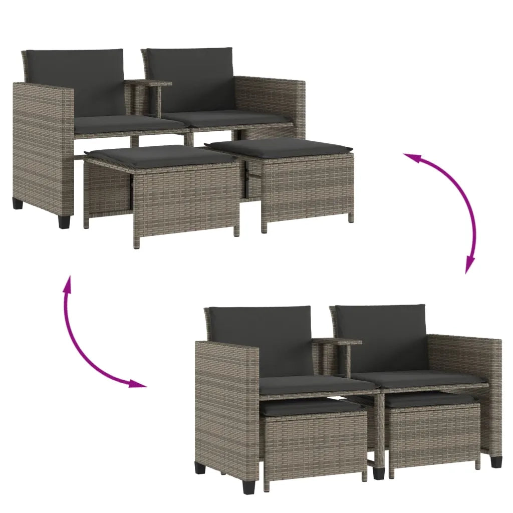 Divano Giardino 2 Posti con Tavolo e Sgabelli Grigio Polyrattan 368418