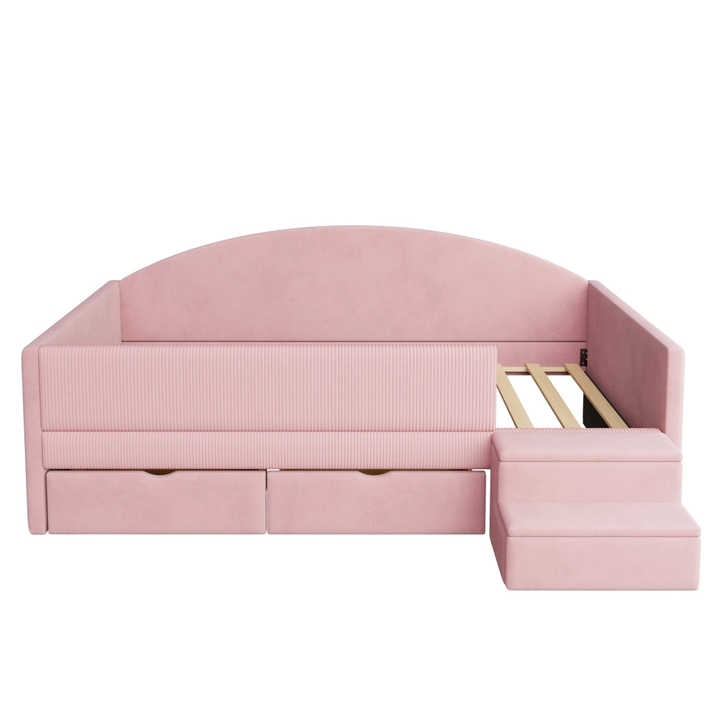 Letto imbottito per bambini rosa 90 x 190 cm con cassetti e gradini