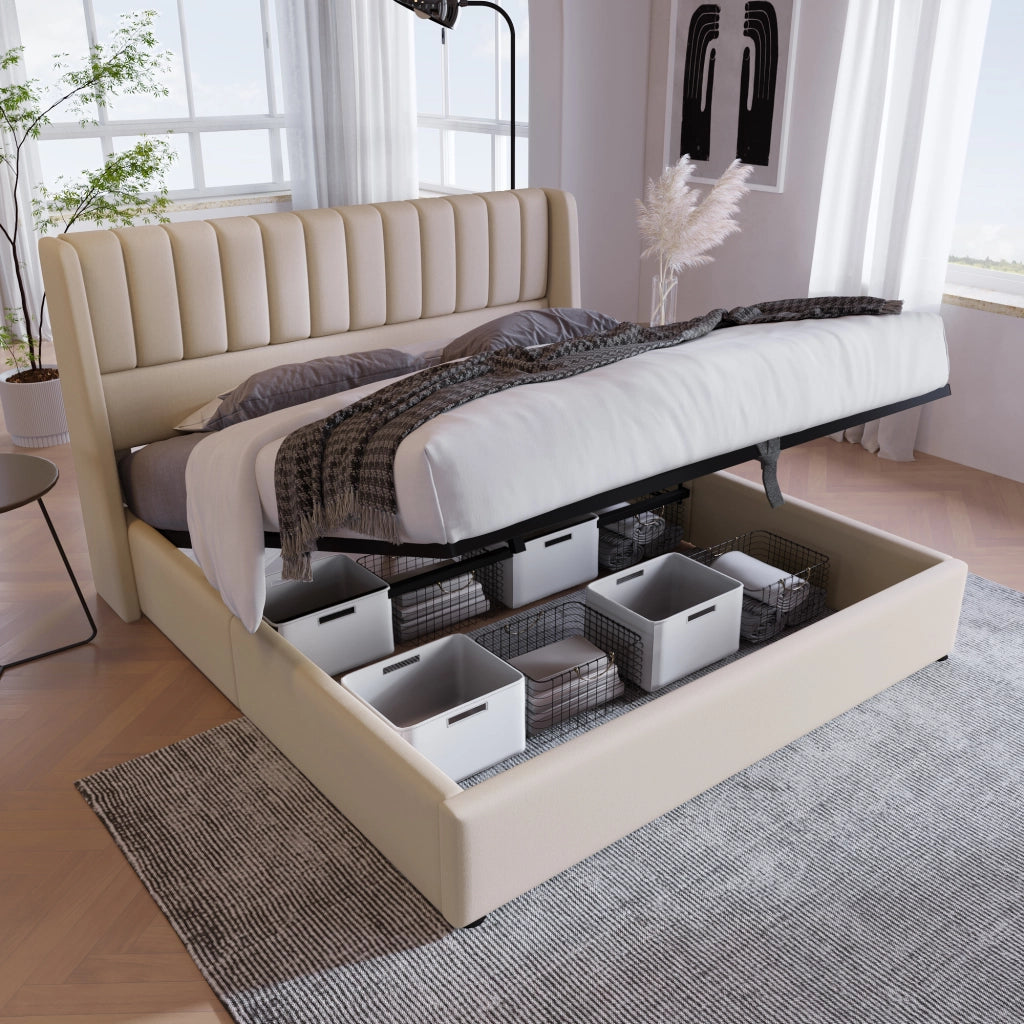Letto matrimoniale idraulico – 160x200 cm – rete legno e metallo – lino beige