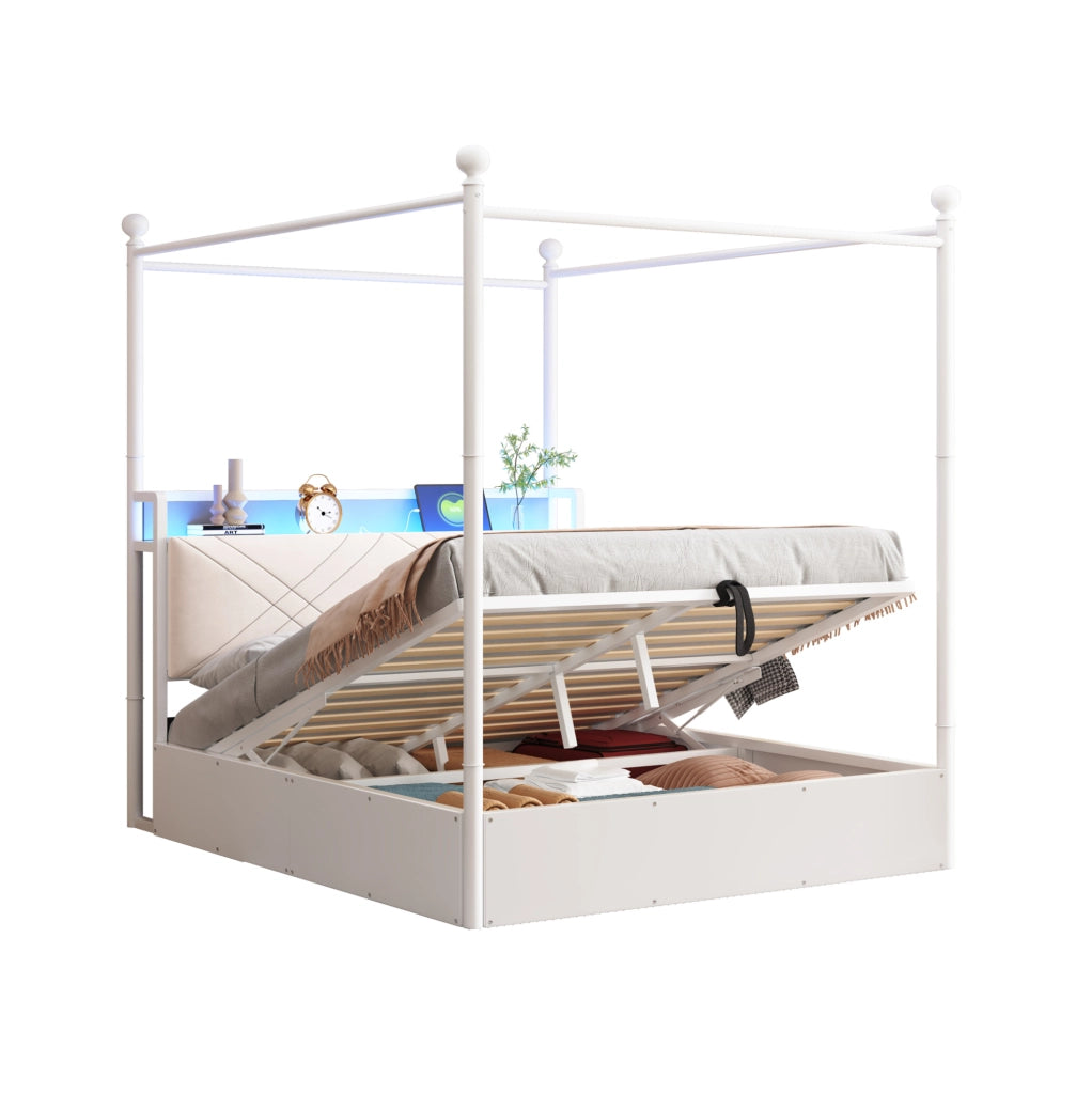 Letto matrimoniale multifunzione 140x190 cm in metallo bianco con baldacchino removibile; contenitore; LED e USB