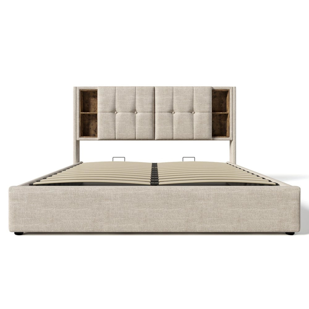 Letto Contenitore Matrimoniale Imbottito ¨C MINIMAL ¨C 160x200, Rete a Doghe in Legno, Ricarica USB-C