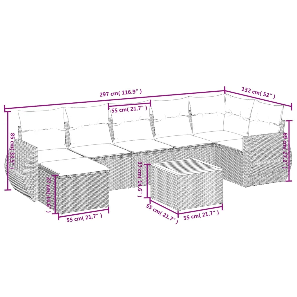 Set Divano da Giardino 8 pz con Cuscini Beige in Polyrattan