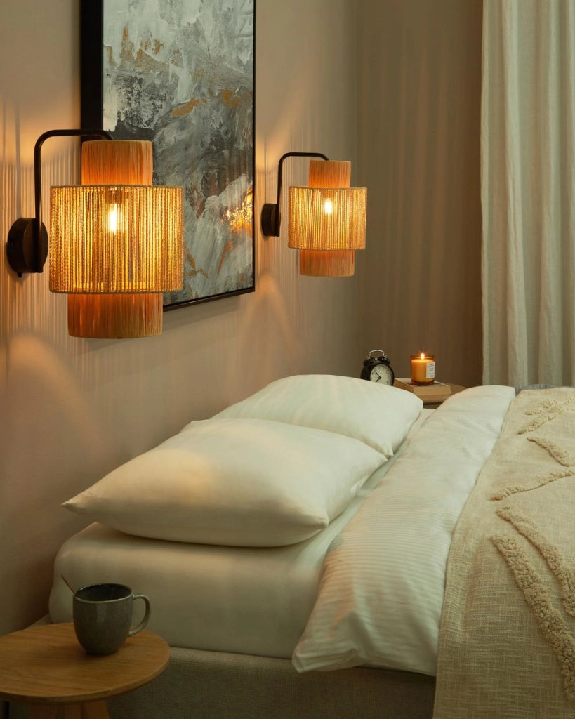 Set di 2 lampade da parete in rafia naturale con base in metallo stile boho naturale elegante