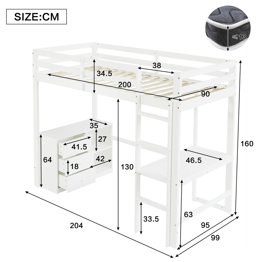 Letto a castello bianco con scrivania cassetti e scaffale in legno di pino e MDF 90x200 cm