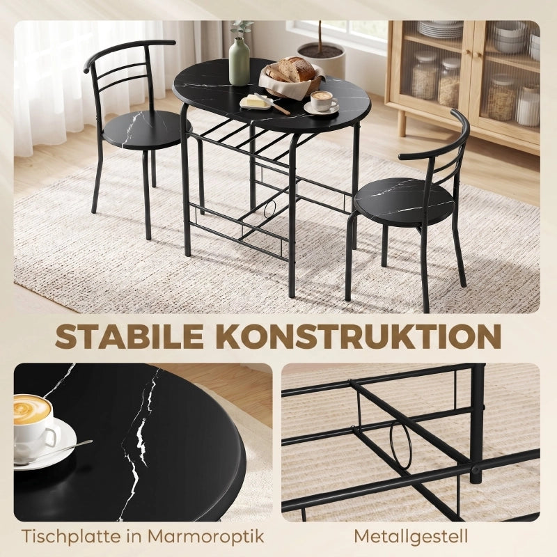 TAVOLO Set 3 pezzi con 2 sedie 80x52x76 cm Nero effetto marmo
