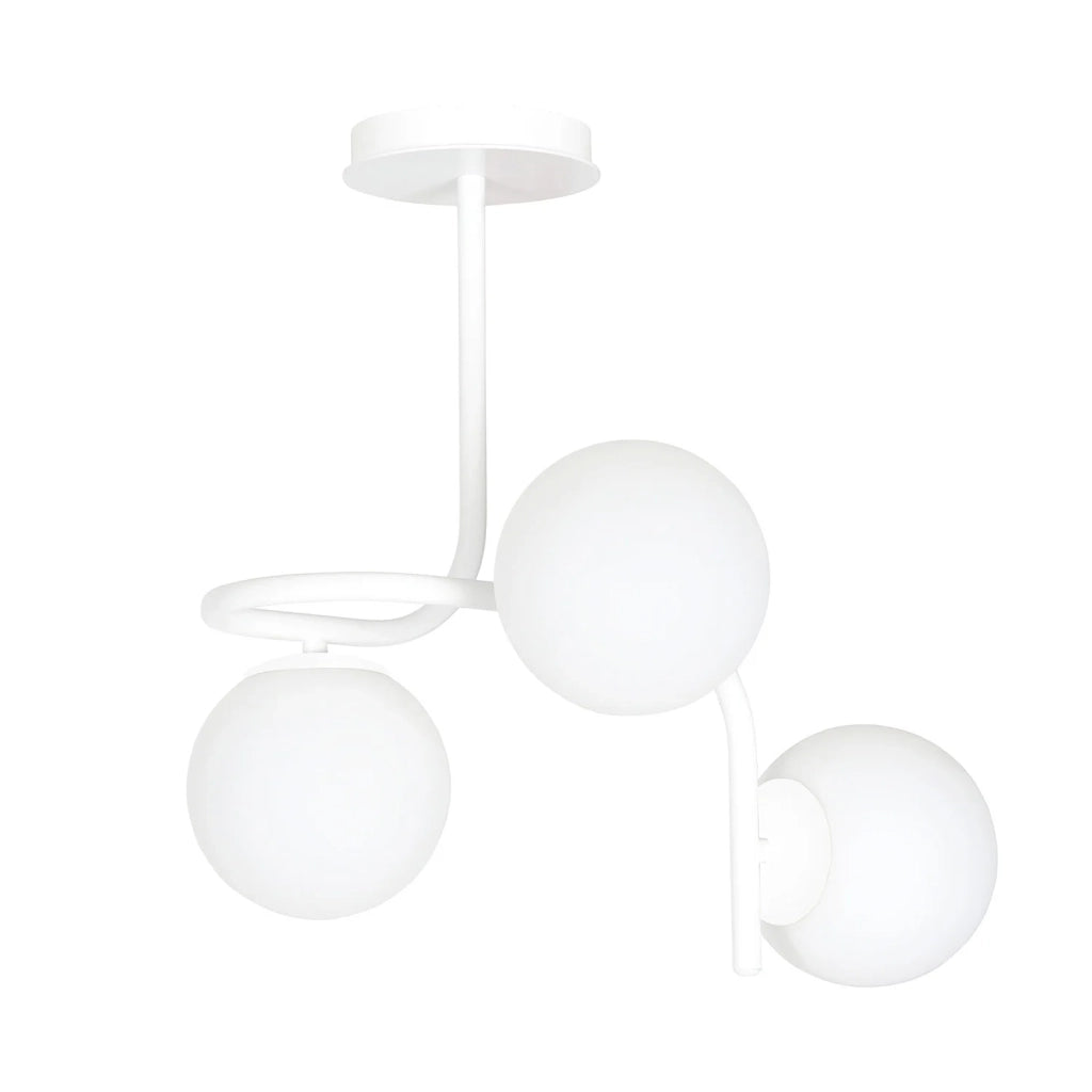 Lampadario 3 Luci Rama In Acciaio Bianco A Bracci E Sfere In Vetro Opalino
