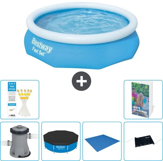 Piscina Opblaasbar Rond Fast Set - 305 x 76 cm - Blu - Inclusa Bombola Copertura - Copertura del Terreno - Matita Solare - 7 pezzi