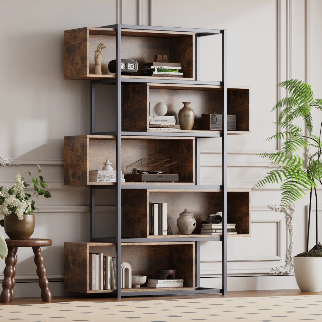 Libreria a 5 ripiani in MDF marrone e nero 121x35x176 cm con sistema antiribaltamento