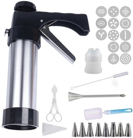 Impastatrice in acciaio inossidabile con 13 forme e 9 bocchette per la creazione di impasti. Disegno portatile ideale per la preparazione di biscotti e torte. Accessori da forno inclusi.
