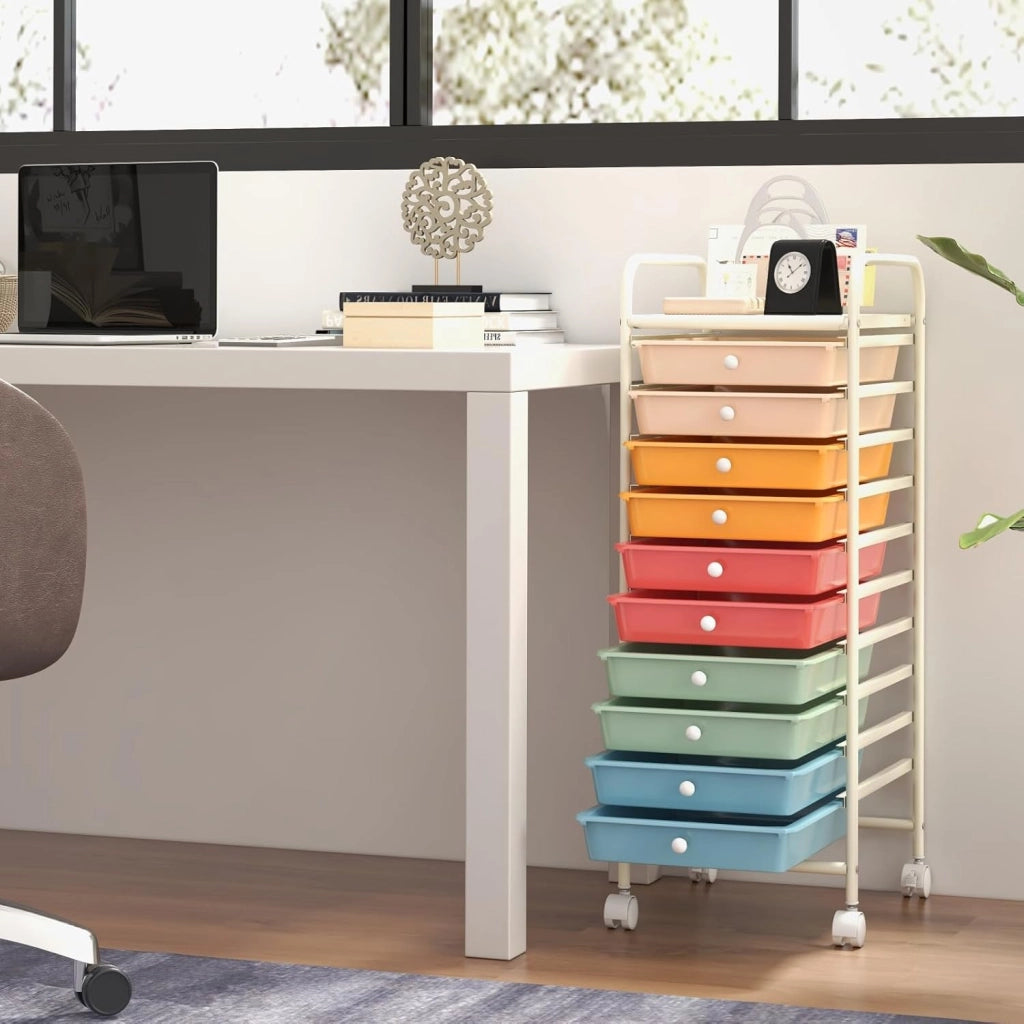 Carrello Portaoggetti con 10 Cassetti, Telaio in Metallo e Struttura in Plastica, 4 Ruote di cui 2 con Freno, Organizer Multiuso per Ufficio, Cucina e Bagno, 33 x 37 x 86 cm