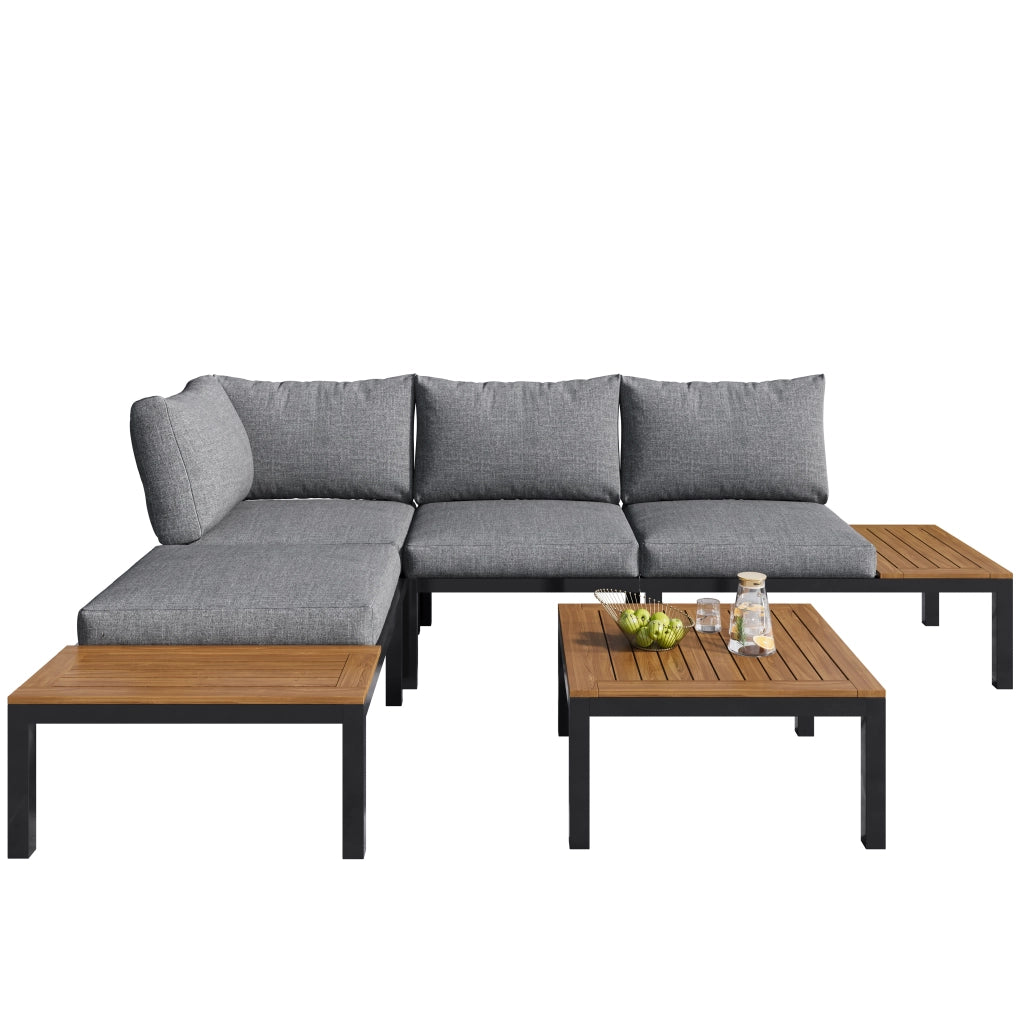 Set salotto giardino: 2 Divanooi 2 posti + 2 tavolini + 1 tavolo; piano acacia; cuscini tessuto; grigio