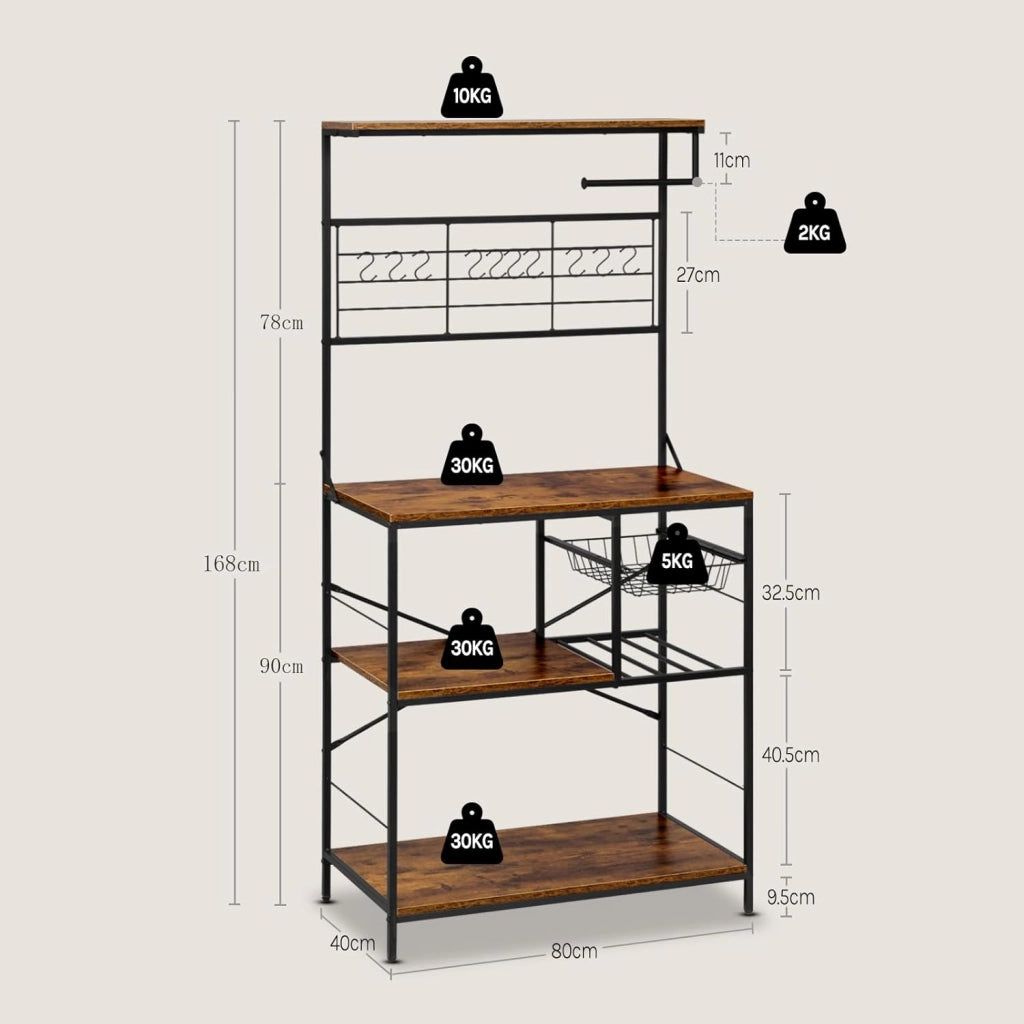 Scaffale da Cucina a 4 Livelli, Scaffale per Microonde con 10 Ganci, Cestino Estraibile, Supporto per Rotolo da Cucina, Struttura in Metallo, 80x40x168cm, Marrone Rustico+Nero